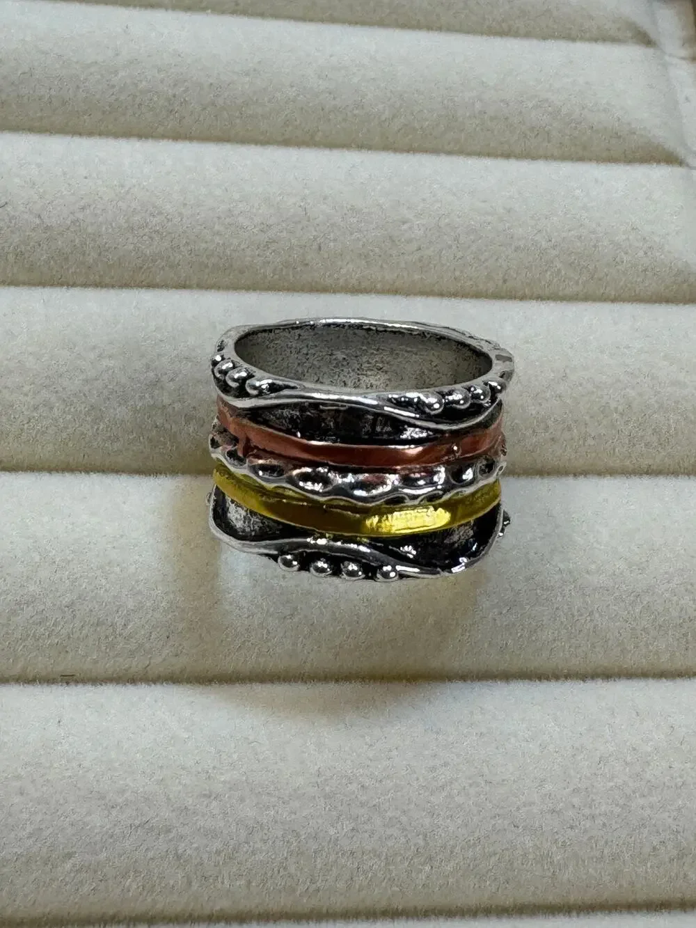 Size 9 Boho Wide Band Ring Silver Gold Copper Textured Statement Ring 1/2